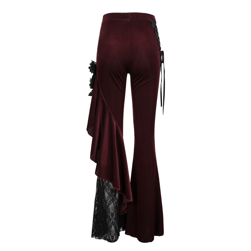 Back view of women's gothic wine red flared trousers with lace-up accents and ruffled design.