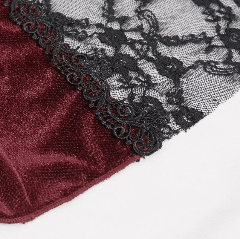 Close-up of wine red and black lace fabric, showcasing the delicate lace detail perfect for gothic fashion.