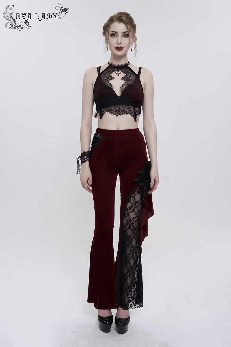 Gothic wine red lace flared trousers on model, highlighting lace-up side accents and flare cut for a stylish look.