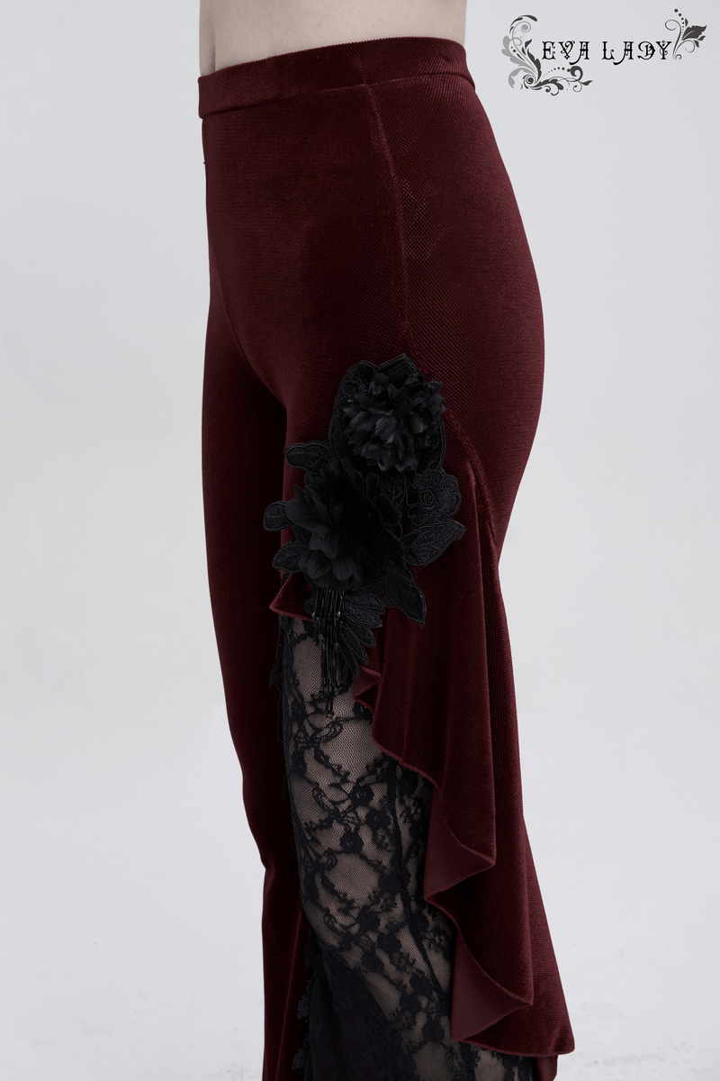 Gothic wine red flare trousers with lace side accents and floral details, perfect for a stylish and sexy look.