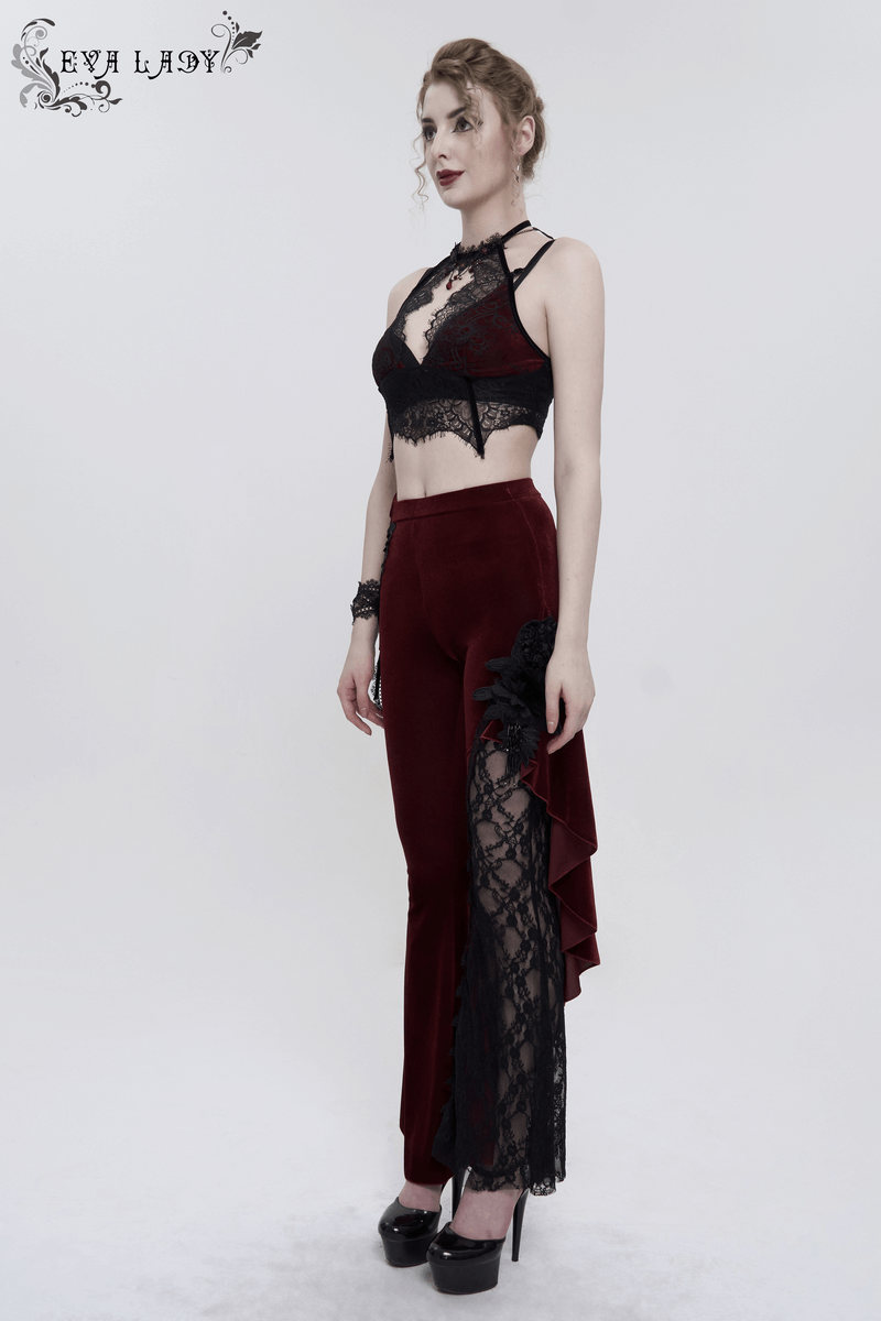 Gothic wine red flared trousers with lace-up accents, paired with a black lace crop top for a sexy and edgy look.