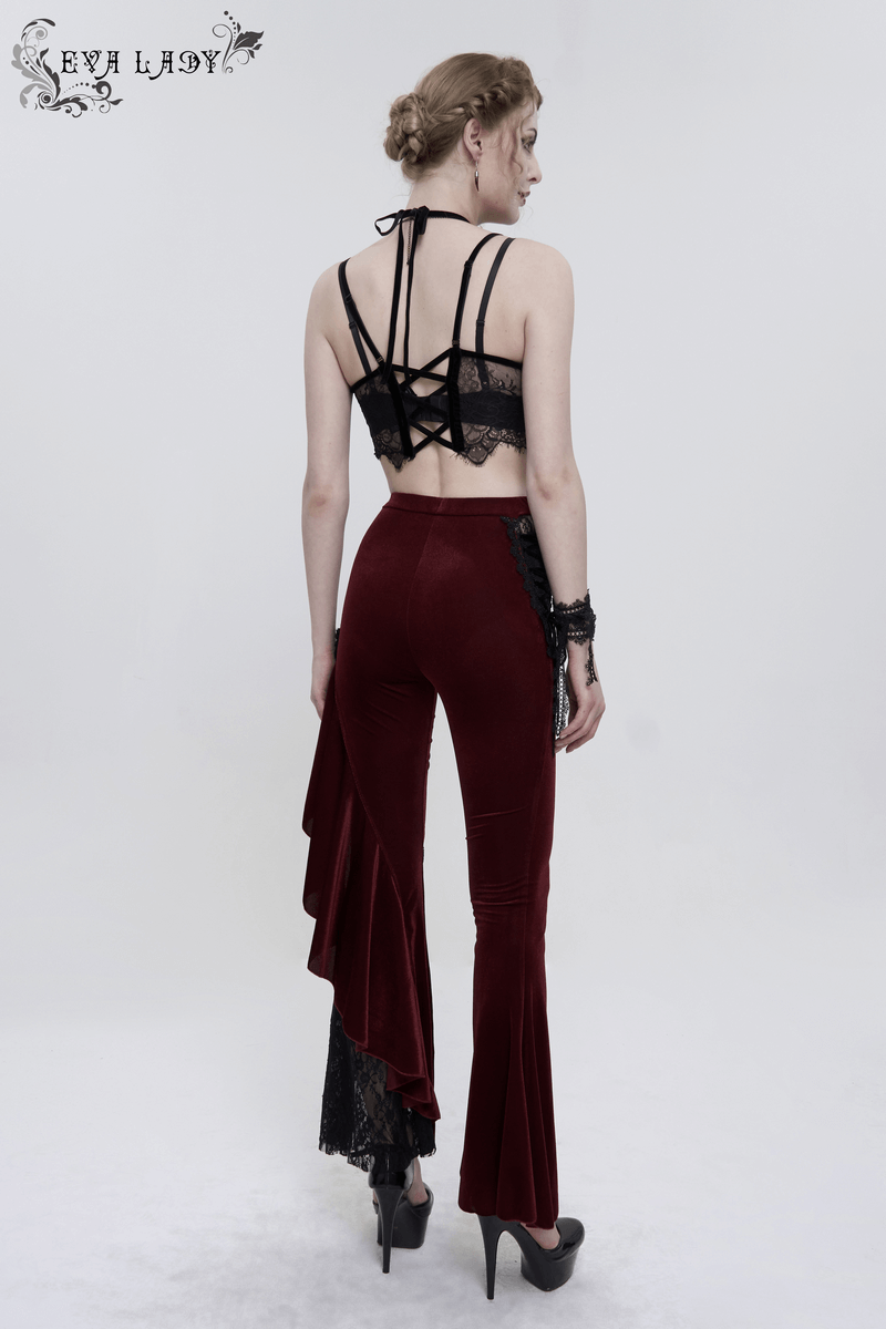 Gothic wine red flared trousers with lace-up accents, stylish back view of a model in sexy boutique fashion.