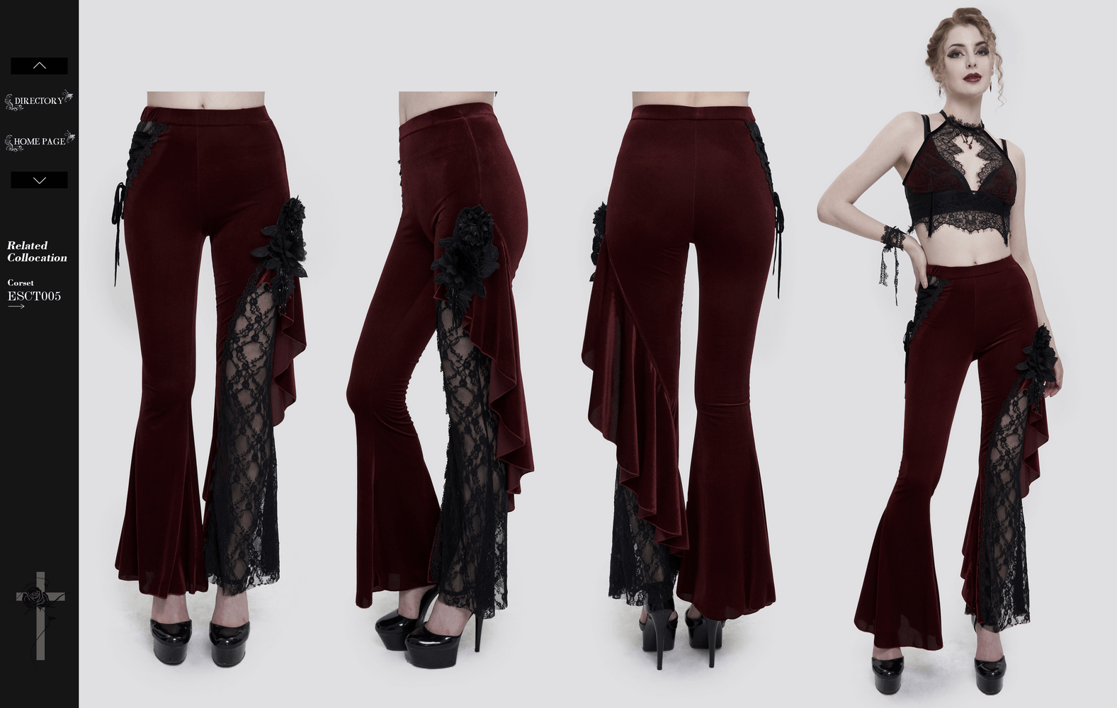 Gothic wine red flared trousers with lace-up accents and floral details, showcasing a trendy women's fashion style.