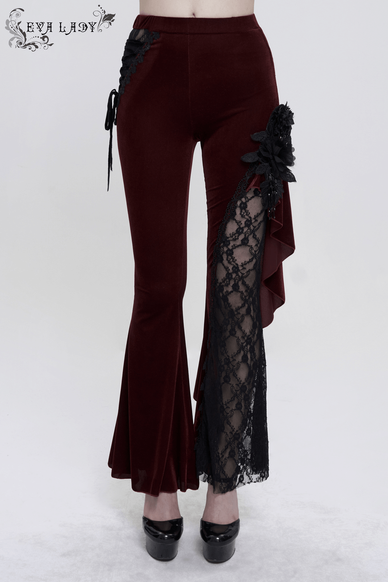 Gothic wine red flared trousers with lace-up accents and floral details, perfect for a sexy and stylish look.