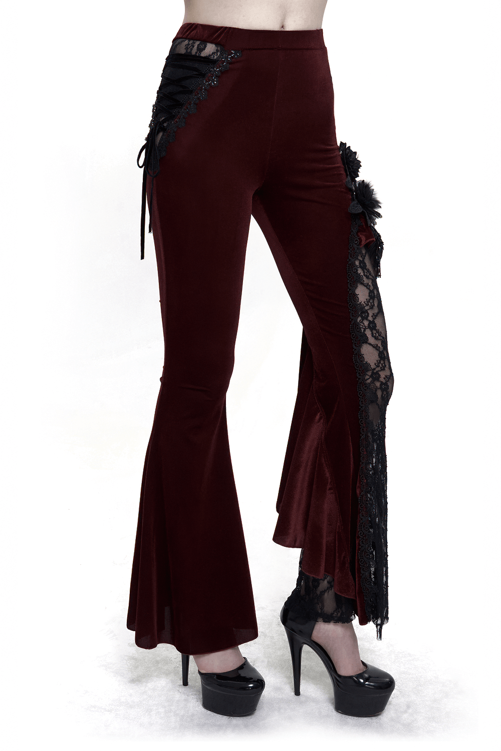Women's Gothic wine red flare trousers with lace-up accents and floral detail, perfect for a chic, edgy look.