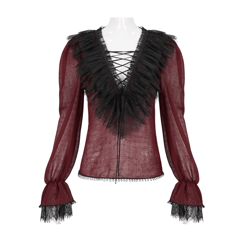 Stylish gothic wine red ruffle top with black lace inserts for women, perfect for a gothic wardrobe.
