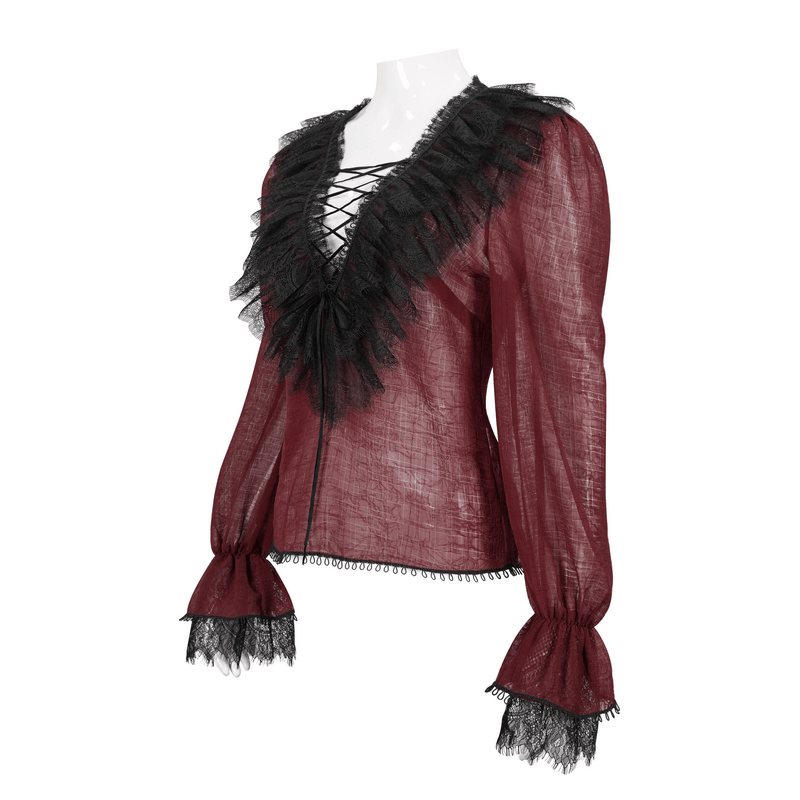 Gothic wine red ruffle top with black lace inserts and long sleeves for women, perfect for a stylish gothic wardrobe.