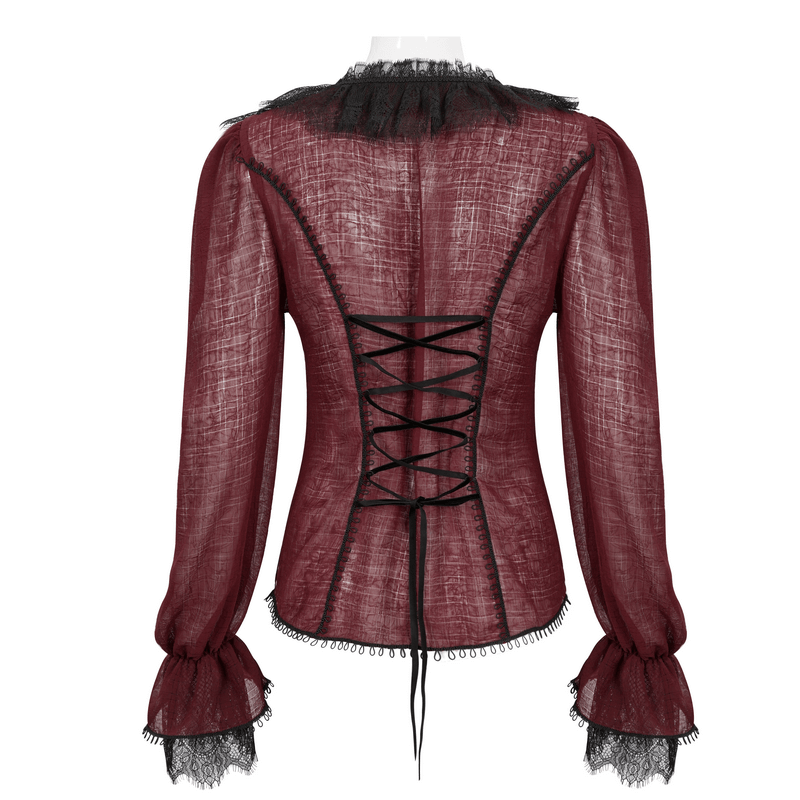 Back view of women's gothic wine red ruffled top with black lace and corset-style lacing.