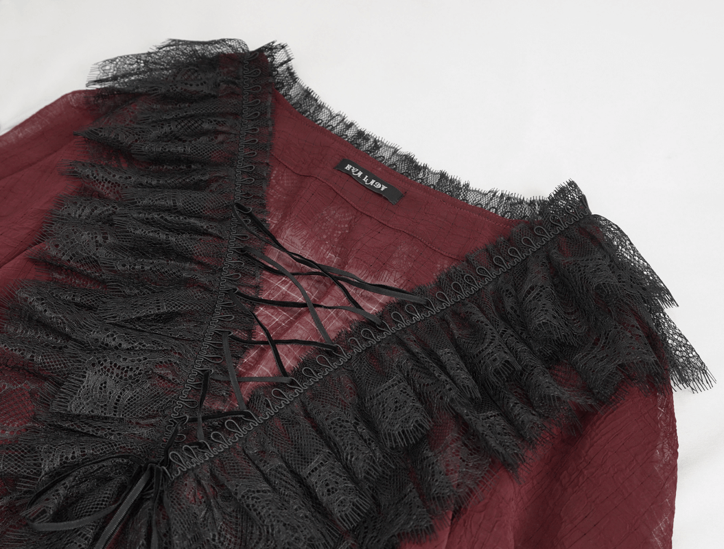 Gothic wine red ruffle top with black lace details, perfect for a stylish women's wardrobe.