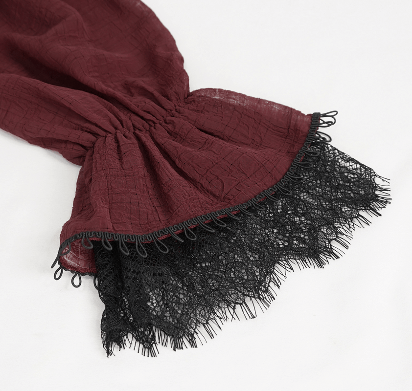 Gothic wine red ruffle top sleeve with elegant black lace detailing and gathered texture.