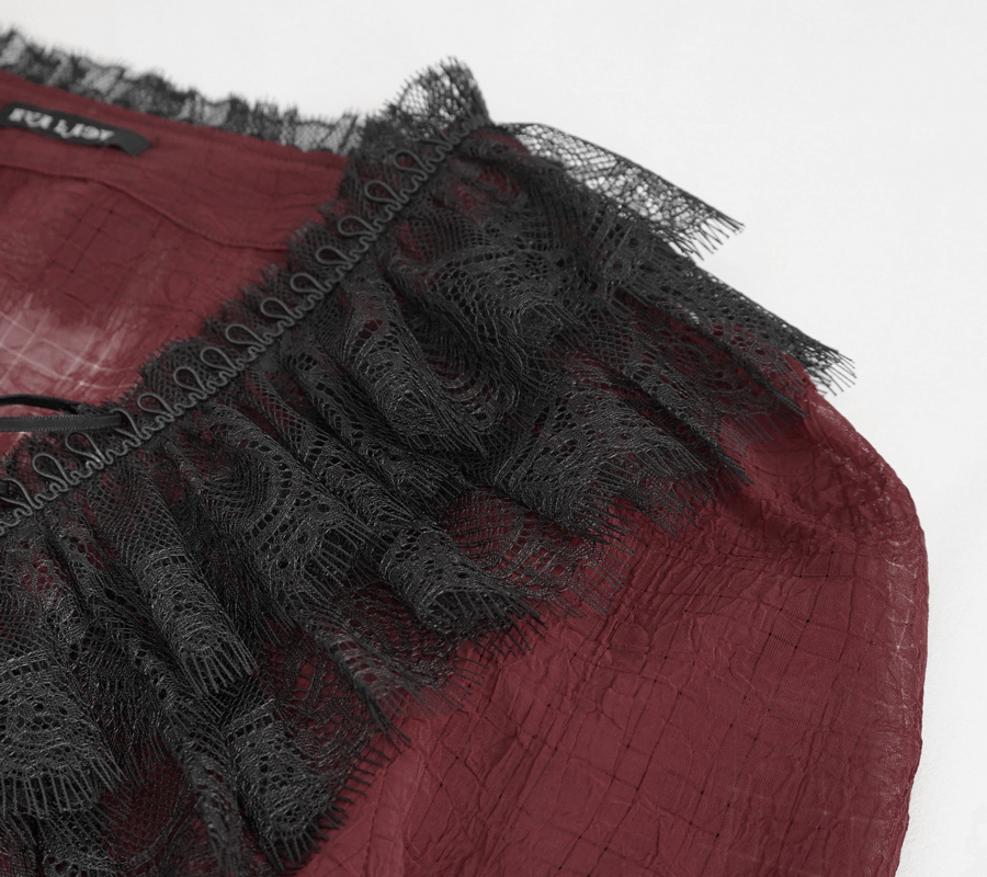 Gothic wine red ruffled top with black lace detailing for women, adding elegance to your gothic fashion.