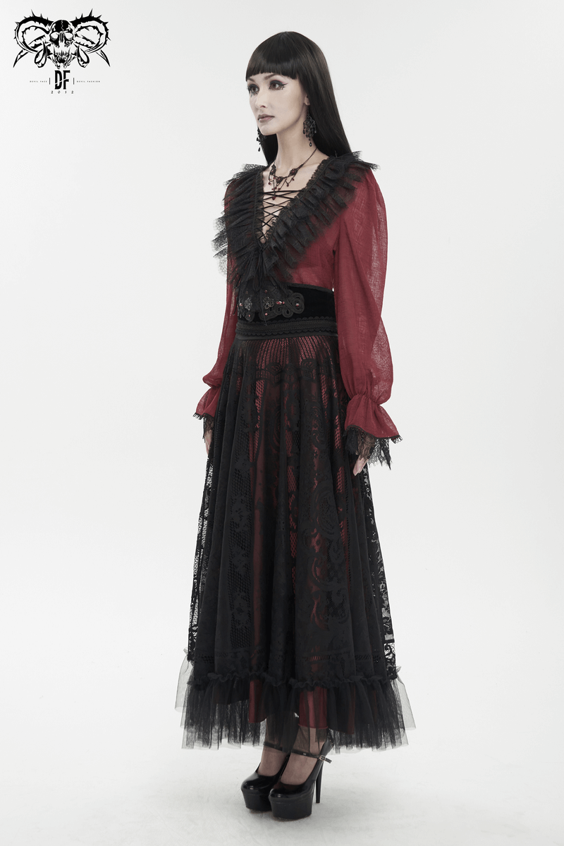 Gothic wine red ruffle top with black lace, long sleeves, styled for a chic dark feminine look.