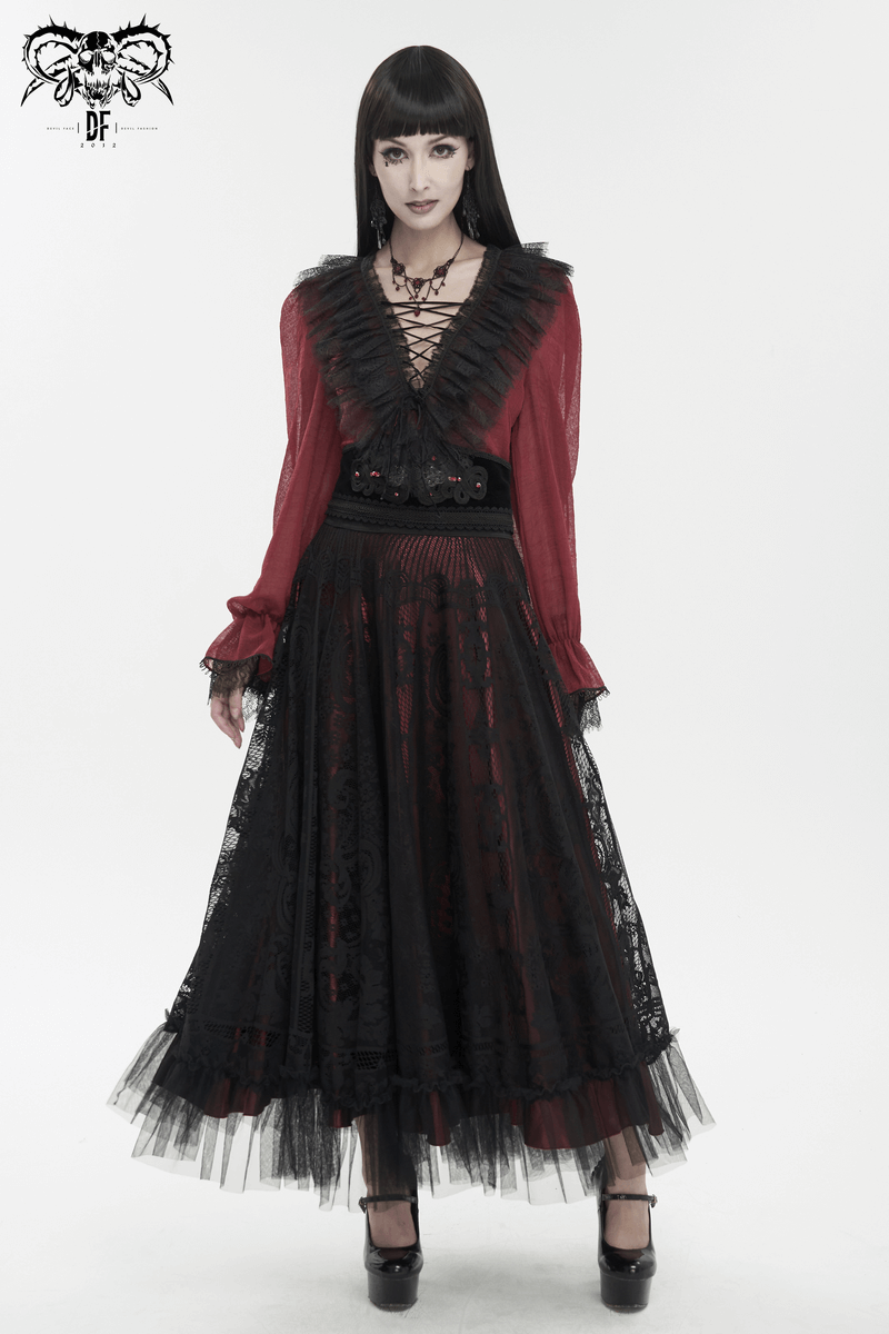 Gothic wine red ruffle top with black lace, stylish long sleeves, perfect for a gothic-themed wardrobe.