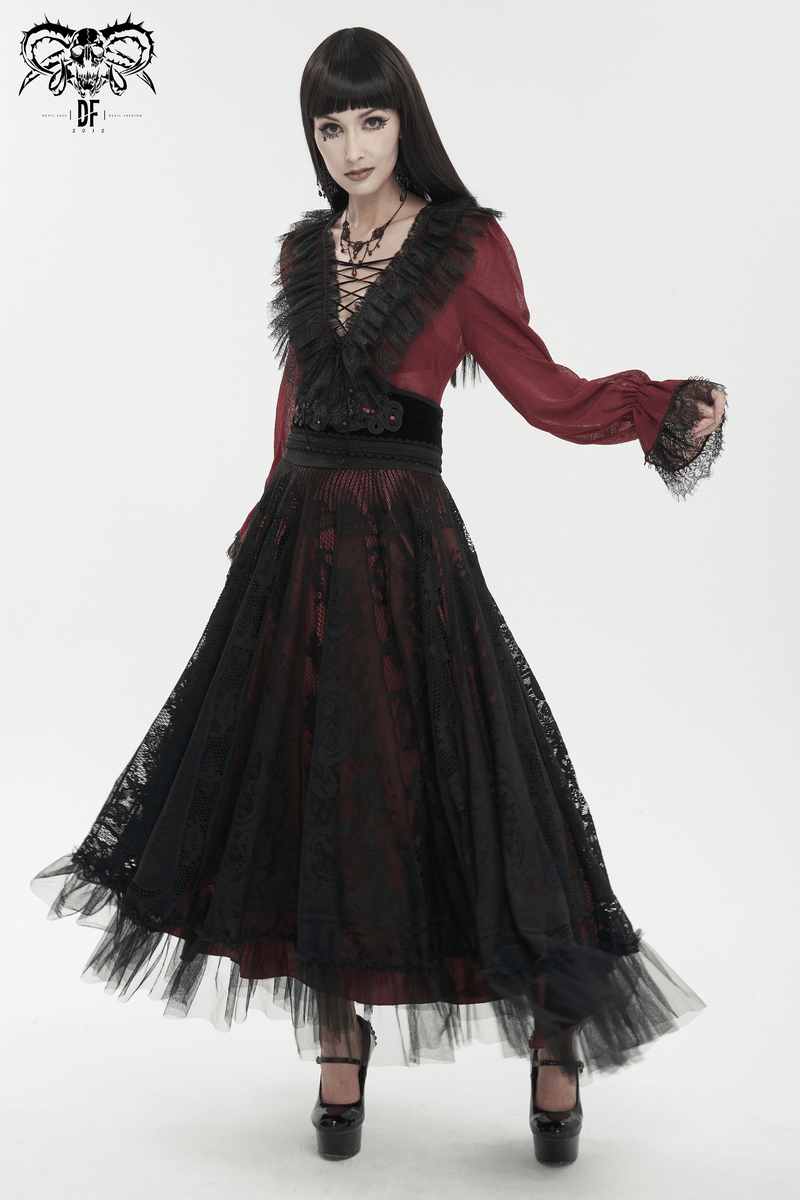 Gothic wine red ruffle top with black lace and long sleeves, styled for a dramatic look in women's fashion.