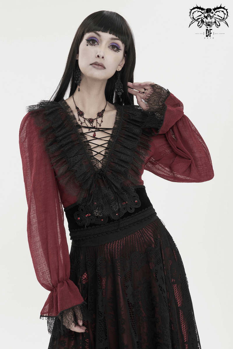 Gothic Wine Red Ruffle Top with Black Lace / Female Long Sleeves Thin Top with Lace Up on Back