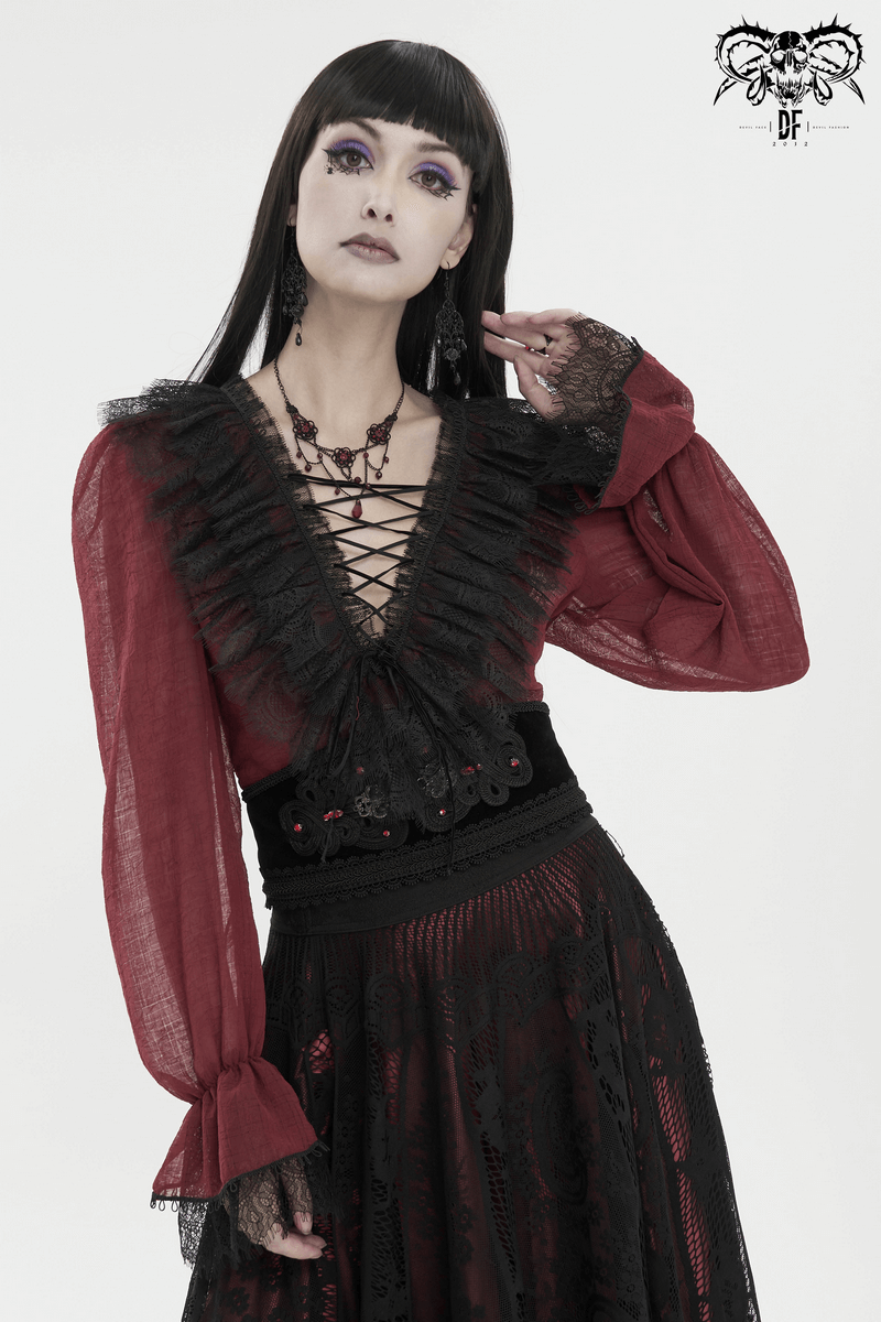 Gothic wine red ruffled top with black lace inserts and long sleeves, perfect for stylish vintage outfits.