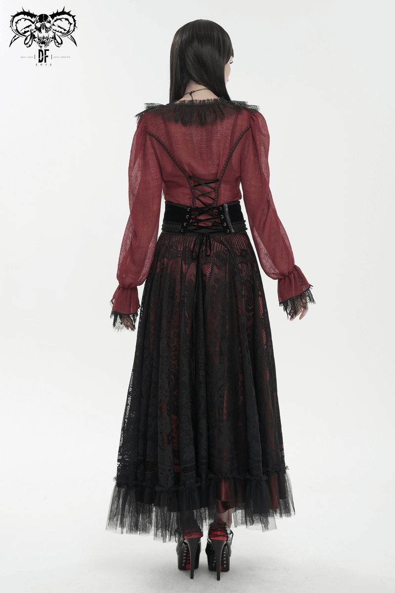 Back view of a model in a gothic wine red ruffle top with black lace and elegant long skirt.