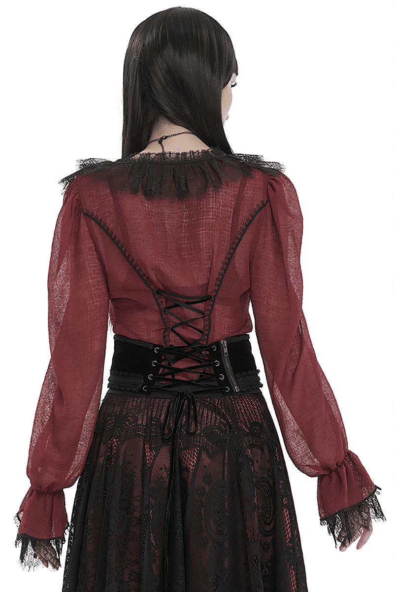 Rear view of gothic wine red ruffle top with black lace, showcasing elegant lace-up design and stylish long sleeves.