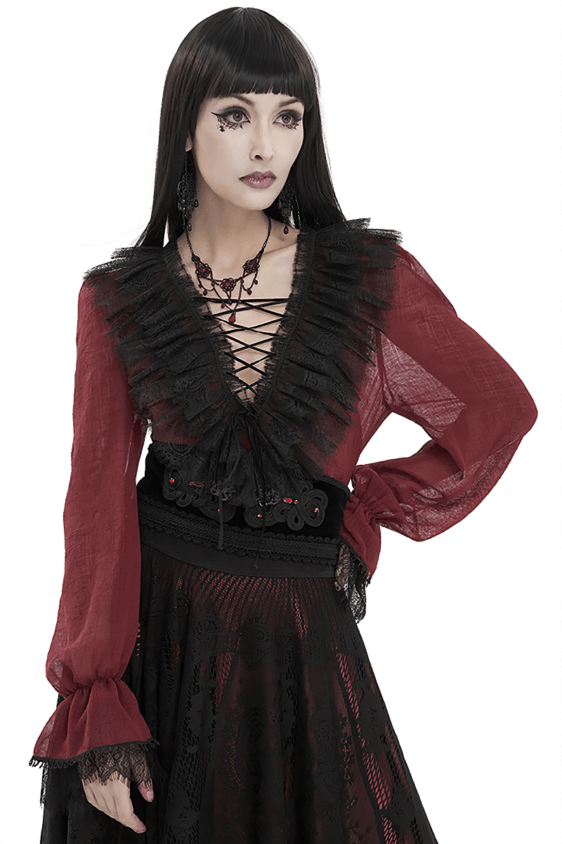 Gothic wine red ruffle top with black lace, long sleeves, stylish women's fashion for a trendy gothic wardrobe.