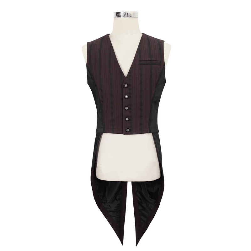 Gothic wine red stripes waistcoat with detachable swallow tail for men, stylish V-neck design.