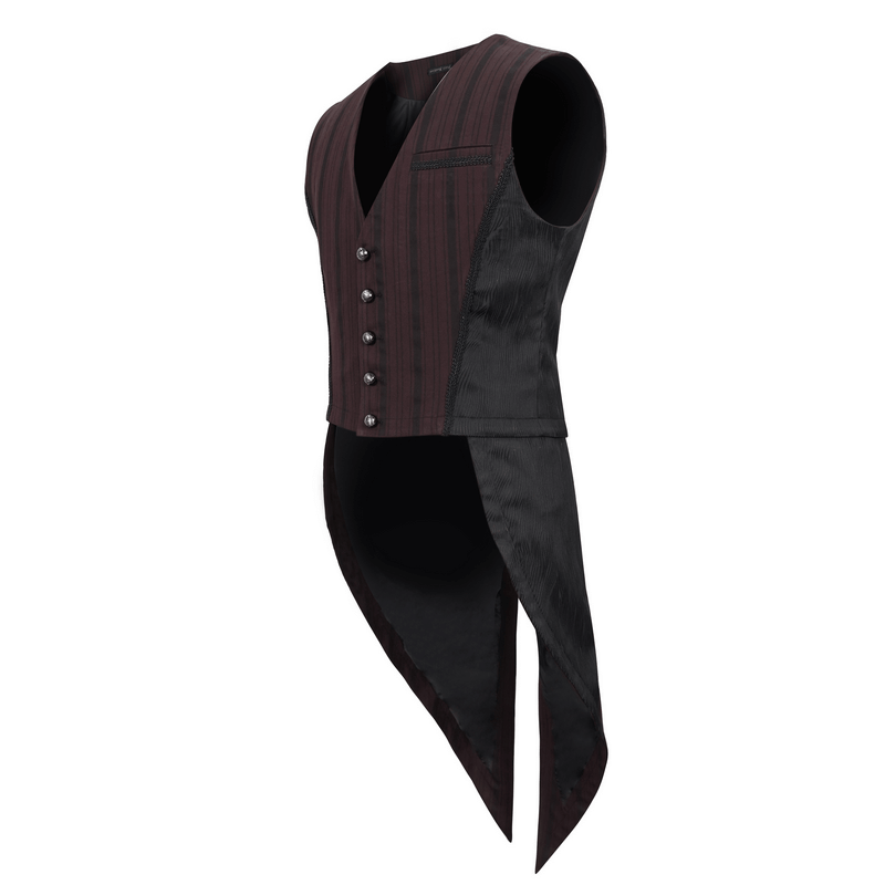 Gothic wine red stripes waistcoat with detachable swallow tail and V-neck, stylish men's elegant clothing.
