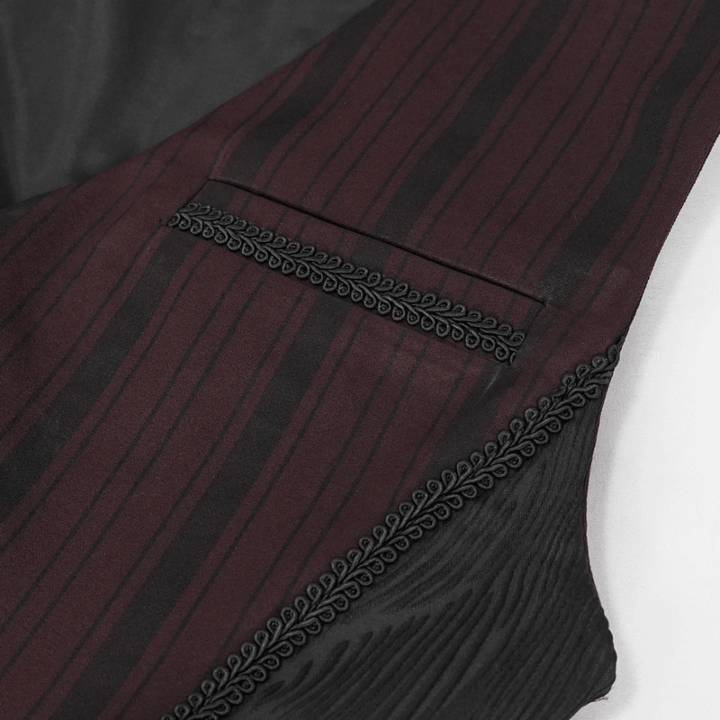 Close-up of gothic wine red striped waistcoat pocket and intricate detailing for men.