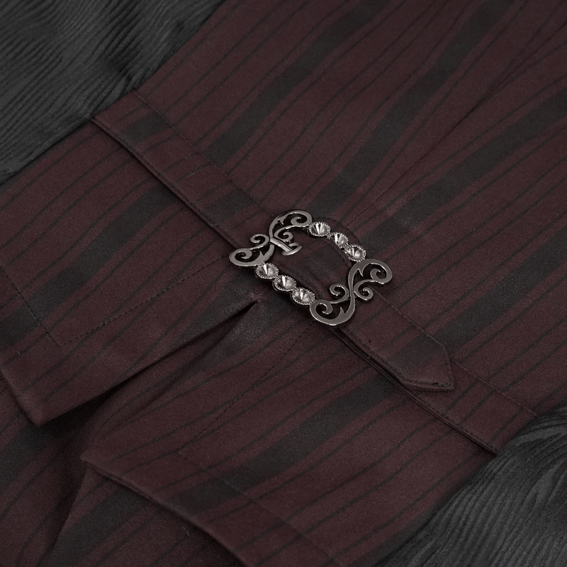 Close-up of a gothic men's waistcoat clasp featuring wine-red stripes and an ornate silver buckle.