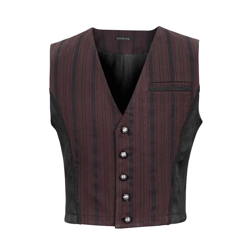 Gothic wine red striped waistcoat for men with V-neck and buttons, perfect for a stylish gothic wardrobe.