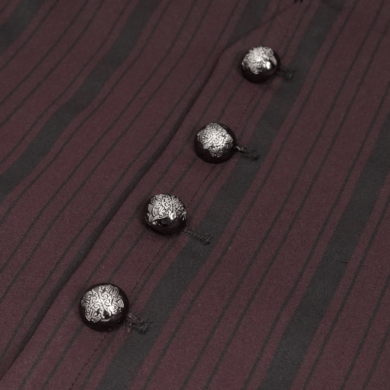 Close-up of gothic wine red striped waistcoat showing intricate buttons and elegant fabric texture.