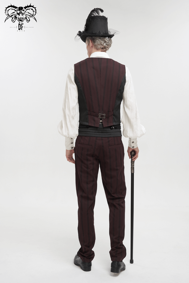 Back view of a man in a gothic wine red striped waistcoat, stylishly paired with black pants and a hat.