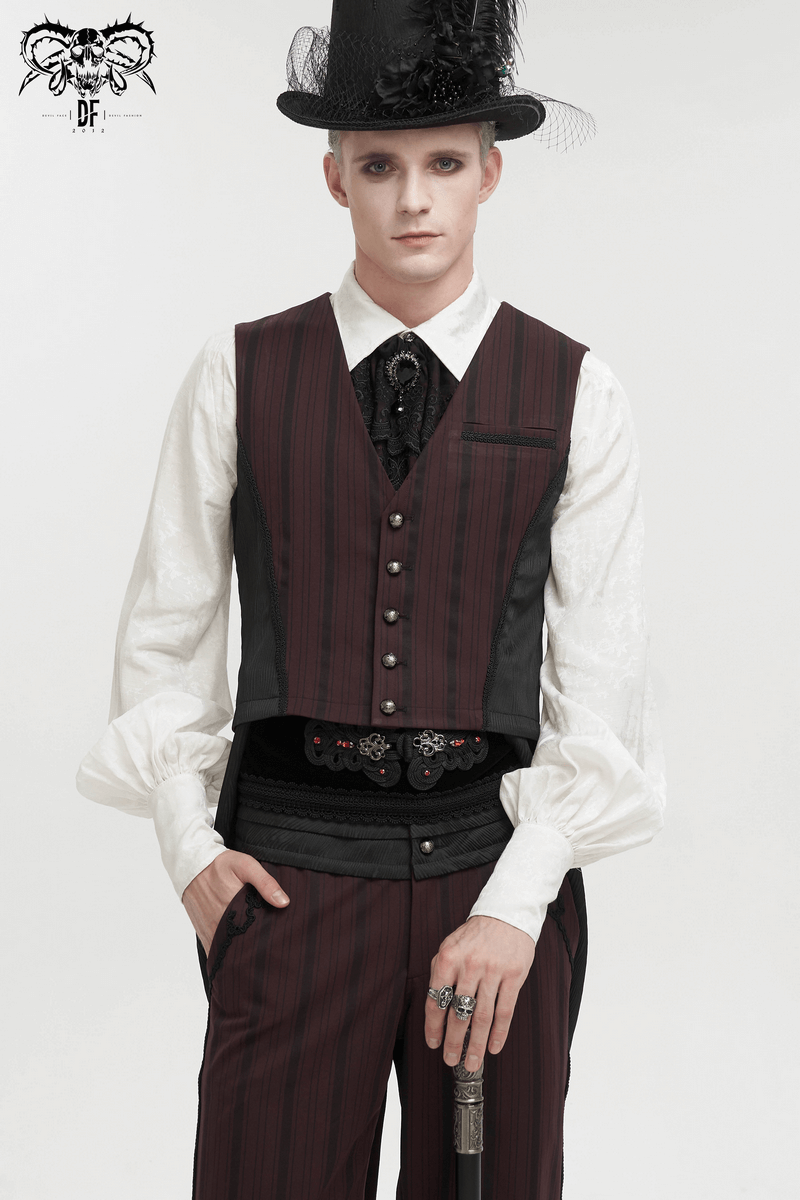 Stylish male model in gothic wine red striped waistcoat with swallow tail, paired with a black top hat.