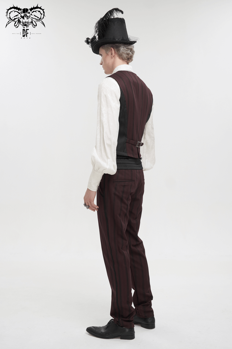 Stylish male model wearing Gothic wine red stripes waistcoat and top hat, showcasing an elegant back view.