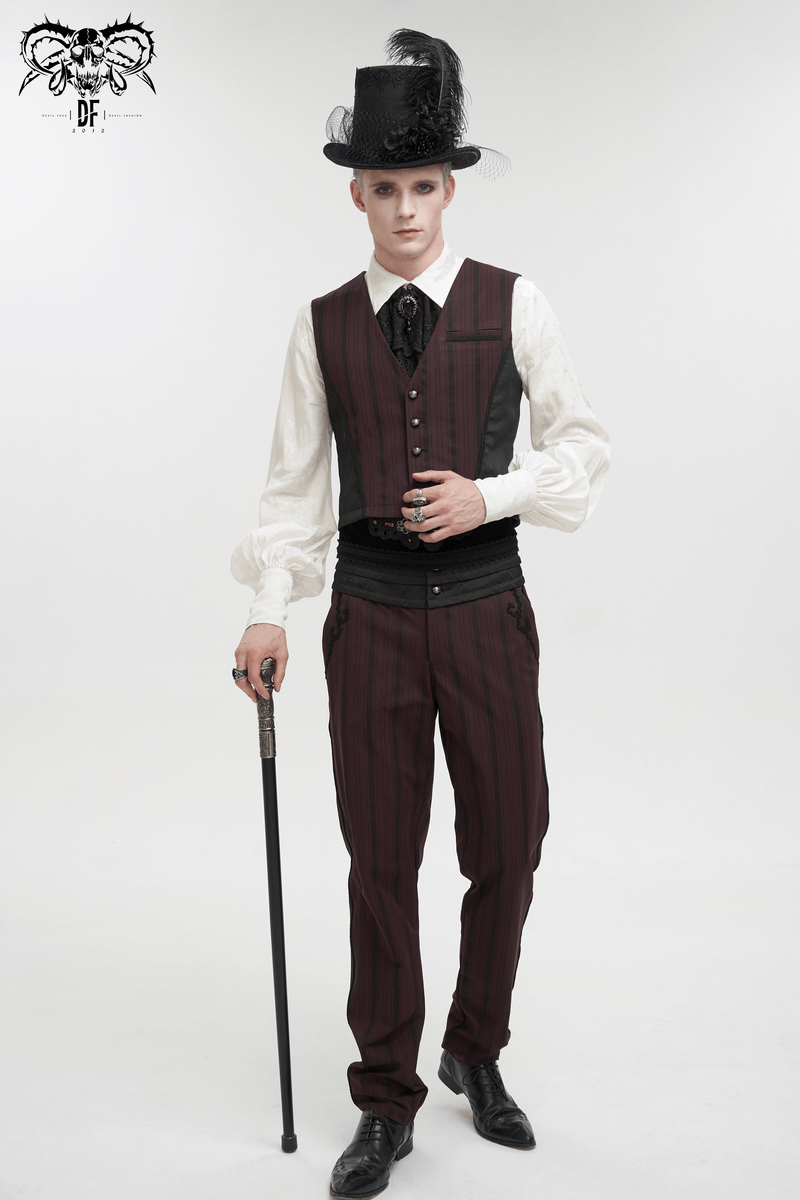 Fashionable male model in gothic wine red striped waistcoat, stylish top hat, and cane, perfect for a trendy gothic wardrobe.