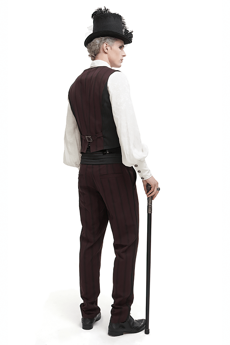 Stylish male model in a gothic waistcoat with wine-red stripes, showcasing a sophisticated look from the back.
