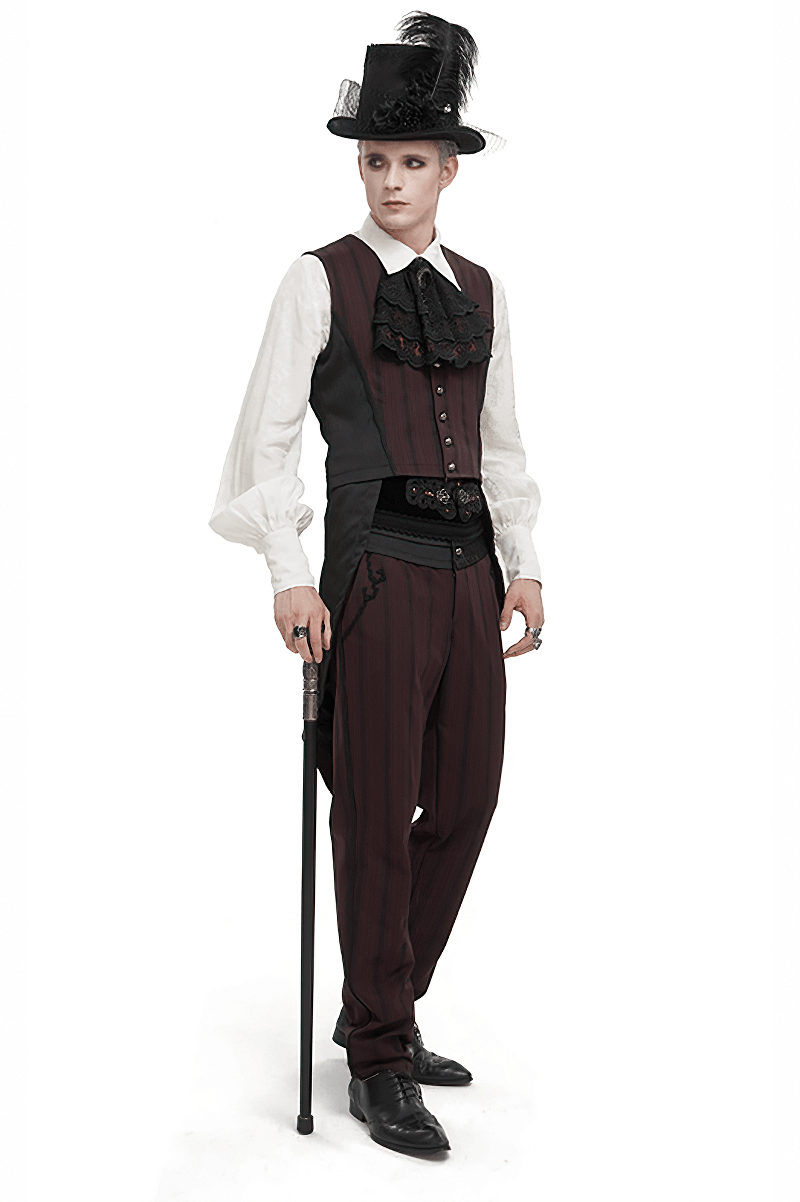 Gothic men's waistcoat with wine red stripes, elegant V-neck style, and detachable swallow tail, perfect for a gothic wardrobe.
