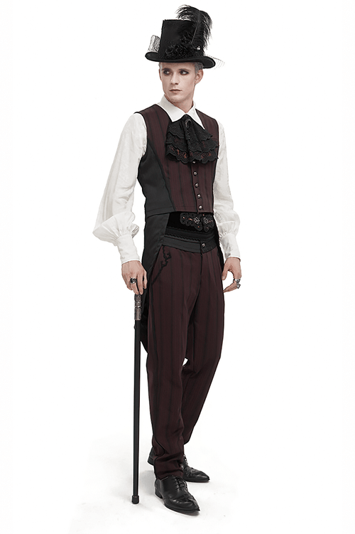 Gilet gothique à rayures rouge vin avec queue d'hirondelle datachable / gilet à boutons col en V masculin