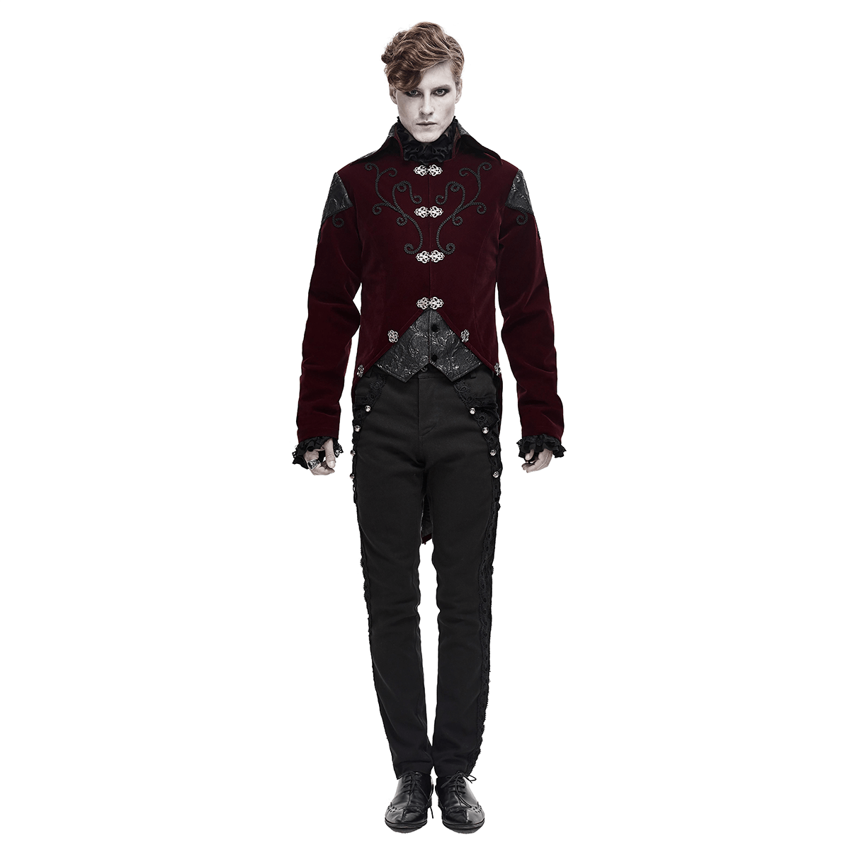 Gothic Wine Red Tailcoat with Patchwork Design / Steampunk Style Flip Collar Coats - HARD'N'HEAVY