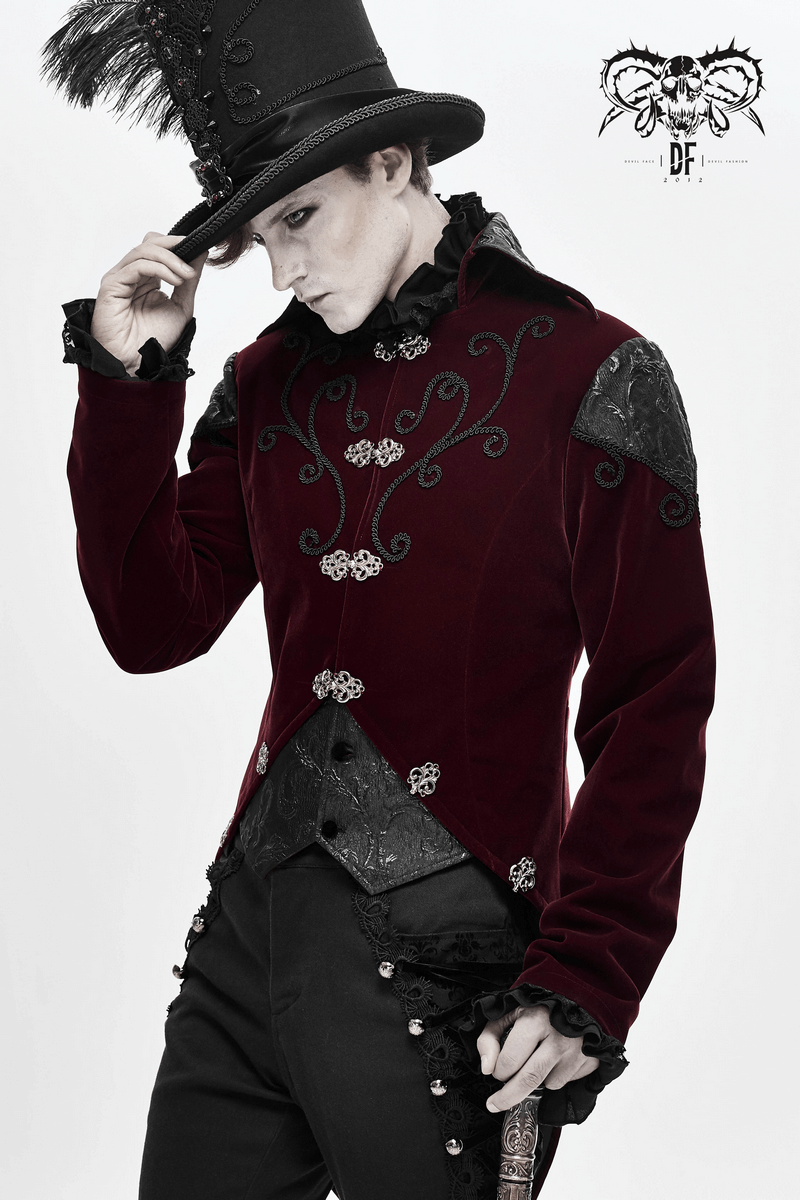 Gothic Wine Red Tailcoat with Patchwork Design / Steampunk Style Flip Collar Coats - HARD'N'HEAVY