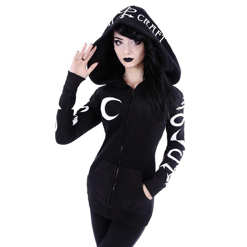 Gothic Witch Women's Hoodies / Moon Letter Printed Sweatshirts with Long Sleeve and Zipp - HARD'N'HEAVY