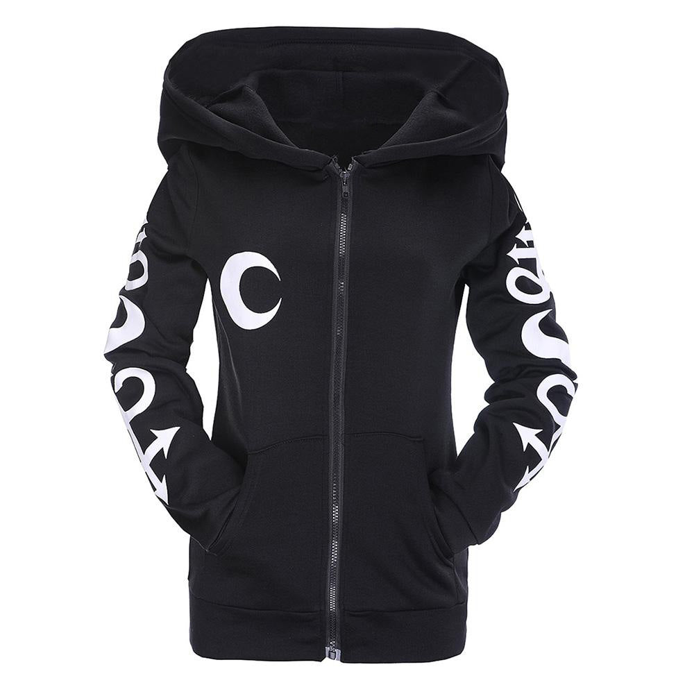 Gothic Witch Women's Hoodies / Moon Letter Printed Sweatshirts with Long Sleeve and Zipp - HARD'N'HEAVY