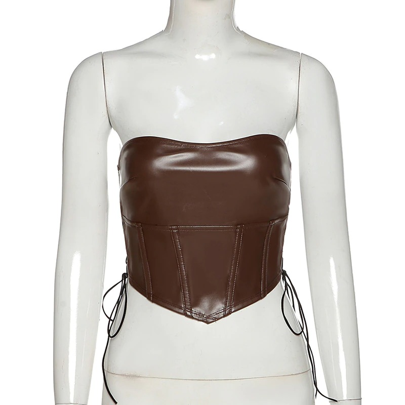 Gothic style brown latex crop top with ribbons, backless and sleeveless, perfect for edgy fashion enthusiasts.