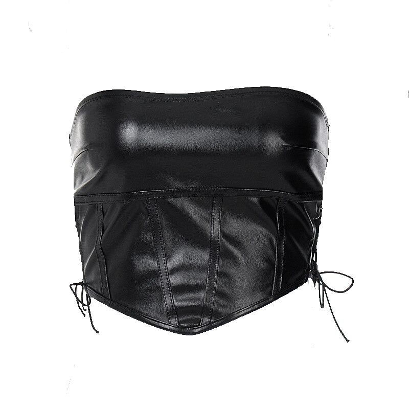 Gothic black latex crop top with ribbons, backless and sleeveless, perfect for a stylish, edgy look.
