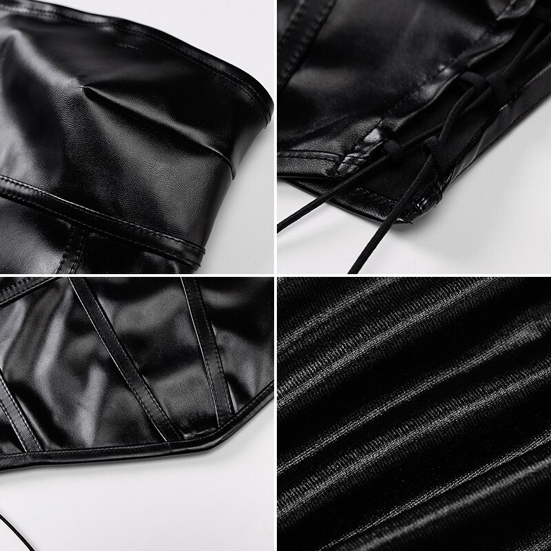 Close-up of black latex crop top with elegant ribbons, showcasing the glossy texture and gothic style details.