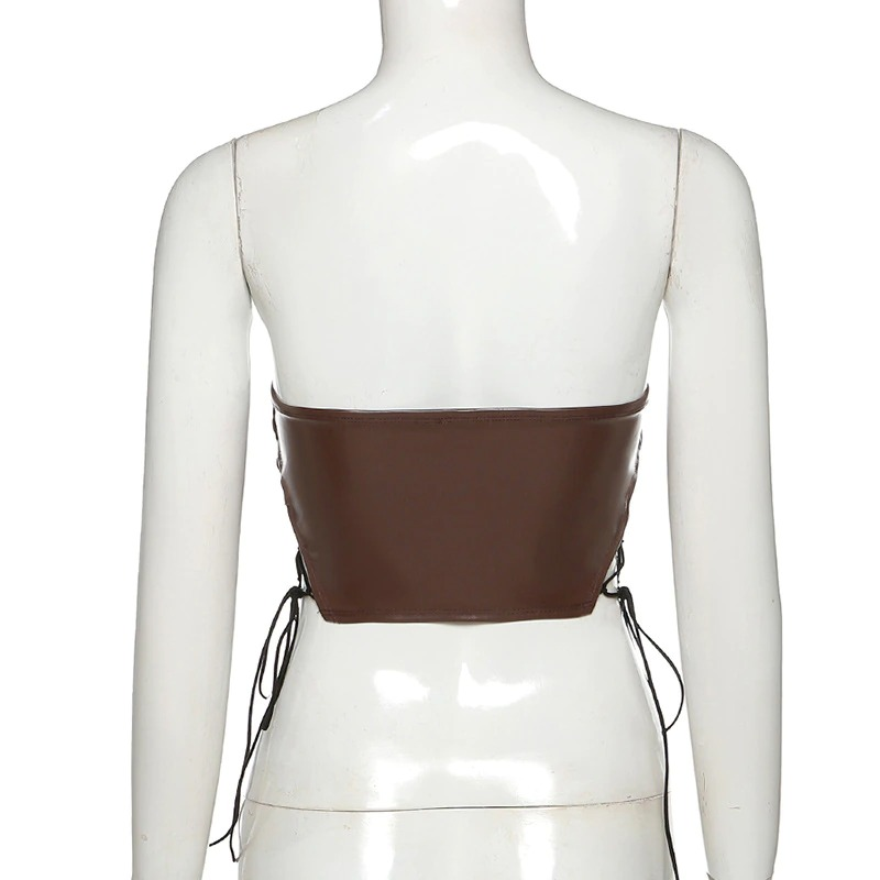 Back view of a women's brown latex crop top with ribbons, showcasing a gothic and sexy style.
