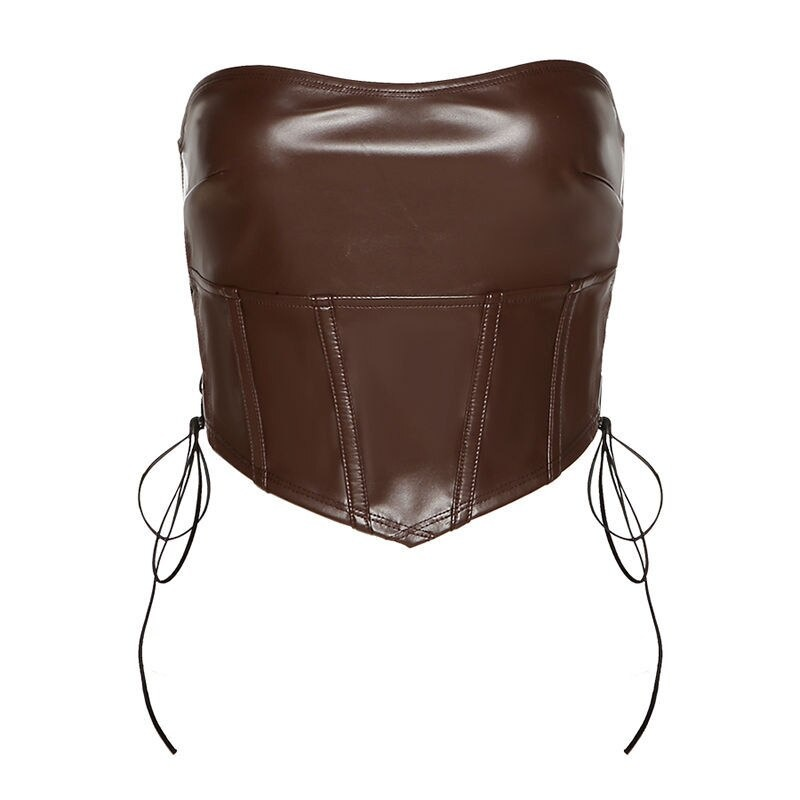 Gothic women brown latex crop top with ribbons, backless and sleeveless for a sexy, elegant look.