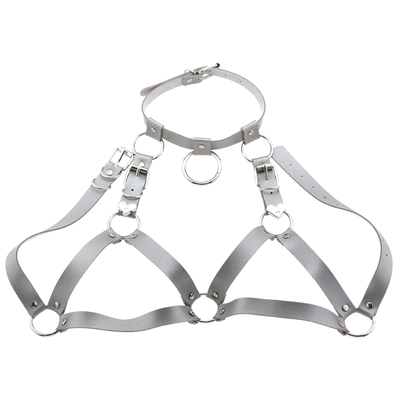 Gothic women's body harness made of PU leather with silver fittings, perfect for a stylish statement in any outfit.