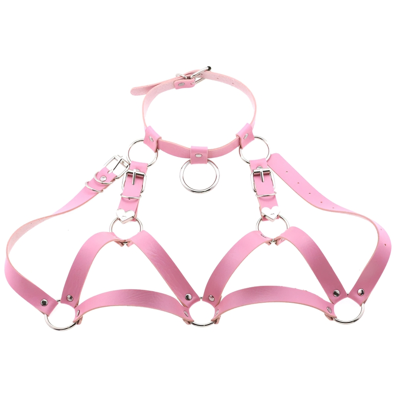 Stylish pink PU leather gothic body harness with silver fittings for women, perfect for adding flair to any outfit.