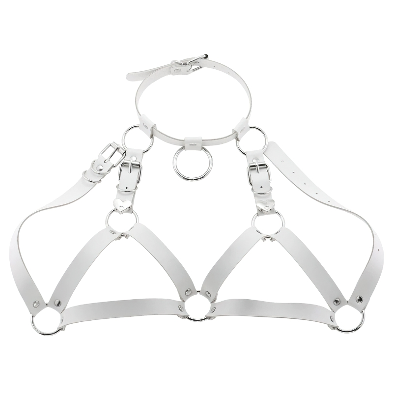 Stylish white PU leather gothic women's harness with silver fittings, perfect for enhancing your figure.