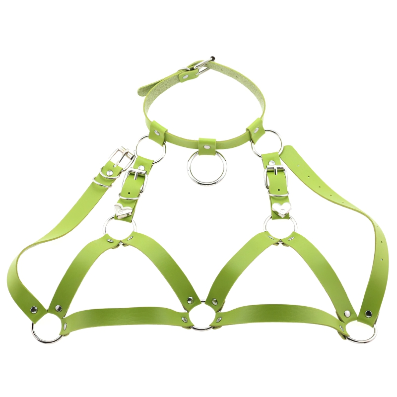 Vibrant green PU leather gothic women body harness with silver fittings, perfect for enhancing your figure and style.