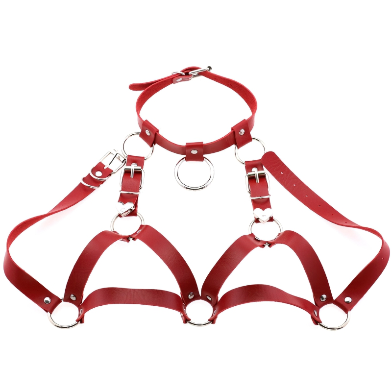 Stylish red PU leather body harness with silver fittings for a gothic look, perfect for enhancing your figure.